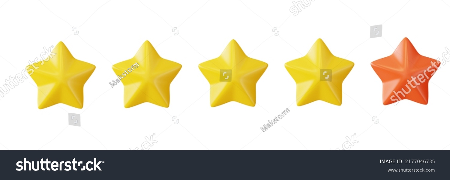 Five stars in row. Glossy yellow and  red colors. Customer rating feedback concept from the client about employee of website. Abstract 3d render. #2177046735
