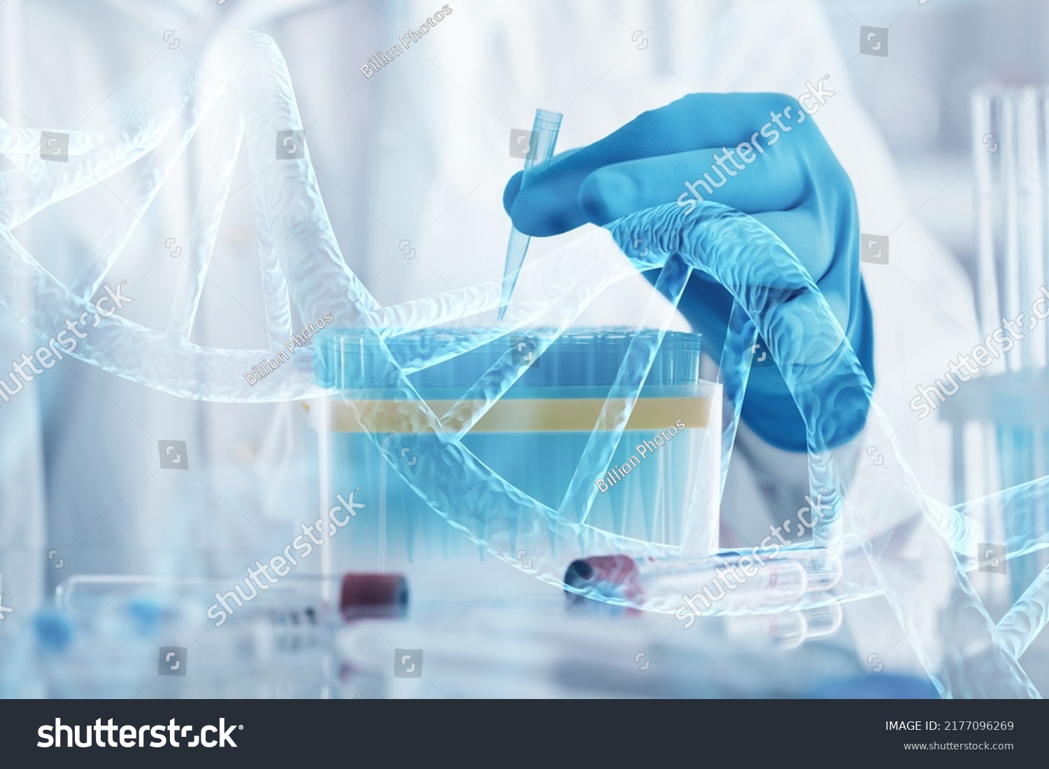 Scientist with virtual screen with data scientific at genetic engineering lab. Biomedical engineer genetic working with microtubes in biotechincal laboratory #2177096269