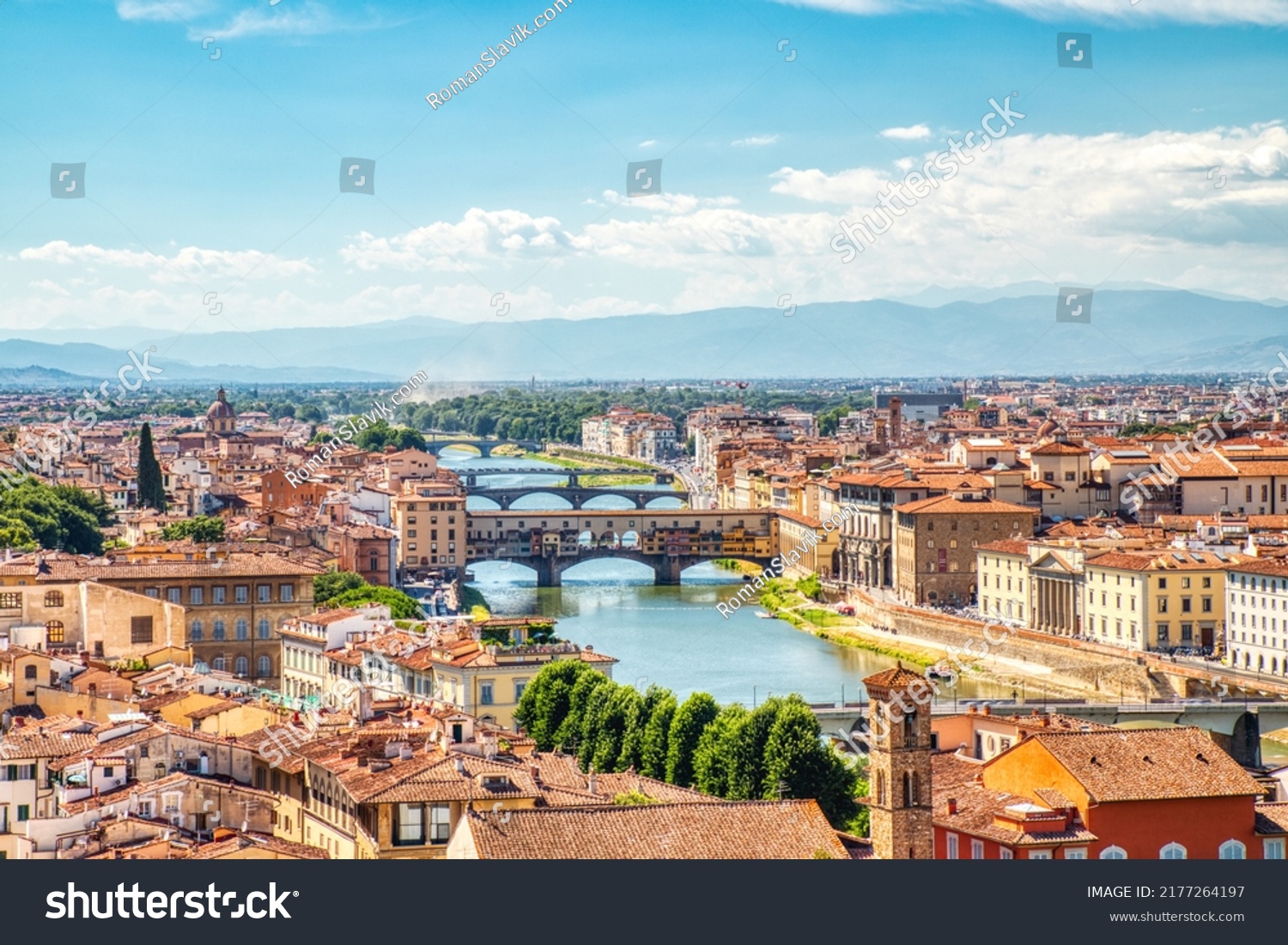 Florence Aerial View of Ponte Vecchio Bridge during Beautiful Sunny Day, Italy  #2177264197