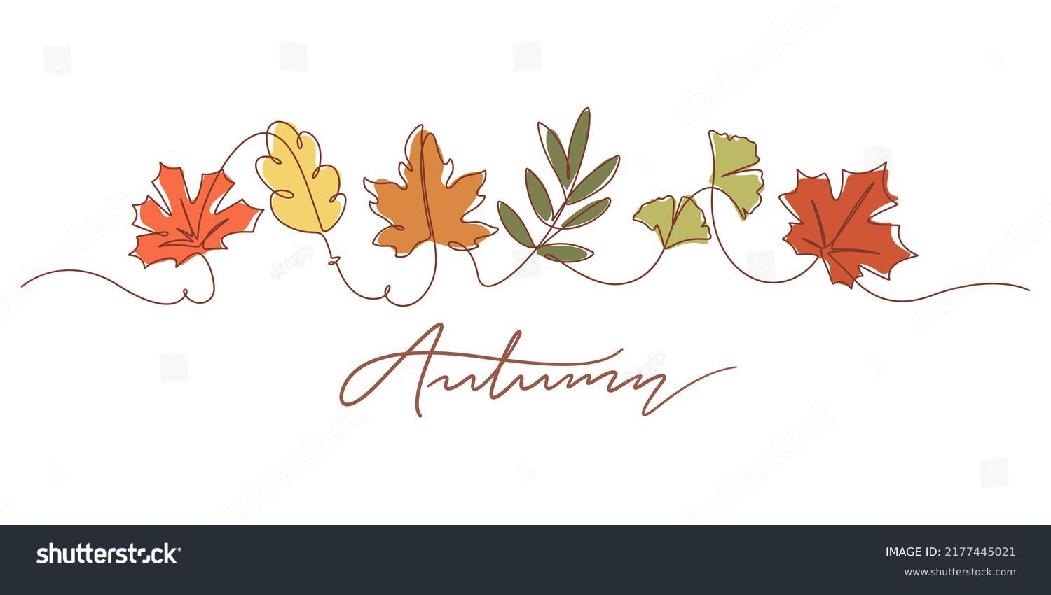 One line drawing of autumn leaf. Autumn script font and leaves isolated on white background vector illustration.  #2177445021