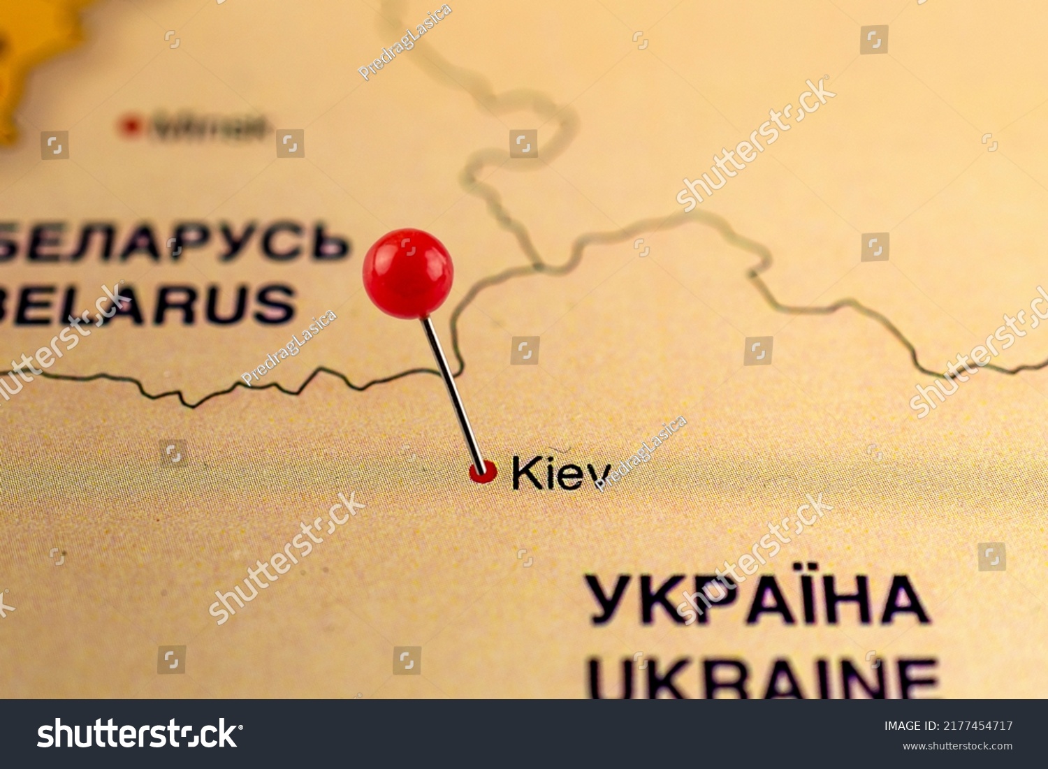 Kiev map. Close up of Kiev map with red pin. Map with red pin point of Kiev in Ukraine. Kiev is the capital. #2177454717