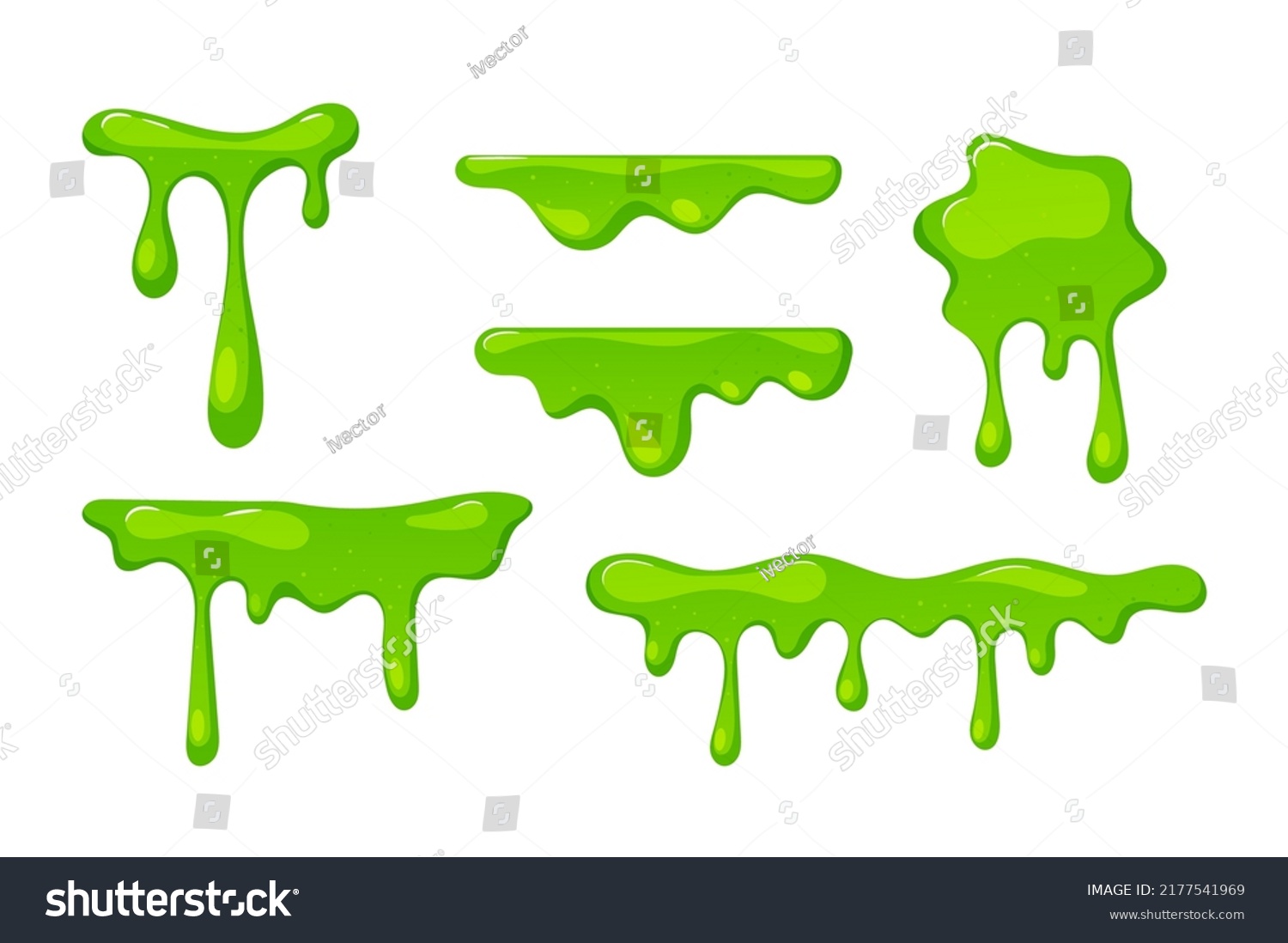 Set of Dripping Green Slime Textures, Border and Spots Isolated Elements on White Background, Falling Syrup Drops Dribble Down, Sticky Radioactive Toxic Liquid, Zombie Goo. Cartoon Vector Illustration #2177541969