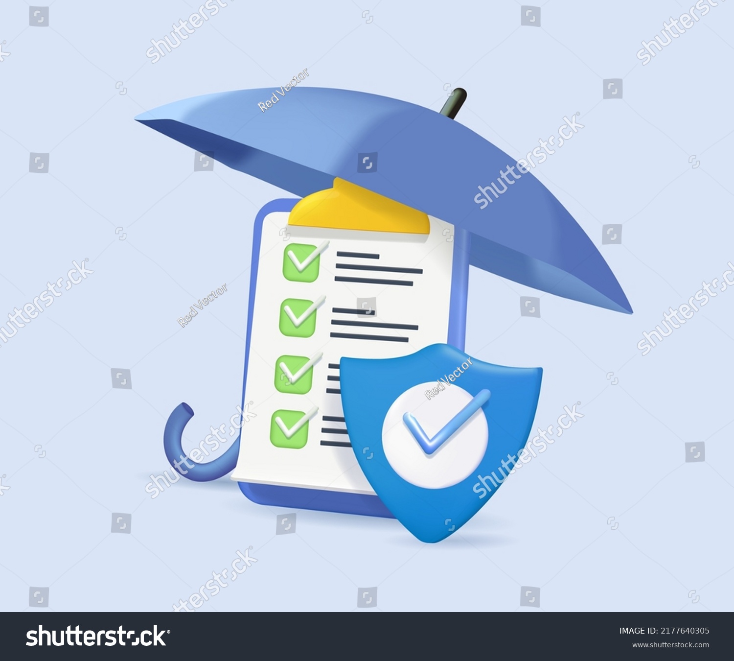 3D Business Insurance Concept. Policy Guarantee Business. 3D render illustration with Check Marks, Umbrella, Shield and checklist. Health insurance, Healthcare, finance and medical service. 3D vector #2177640305