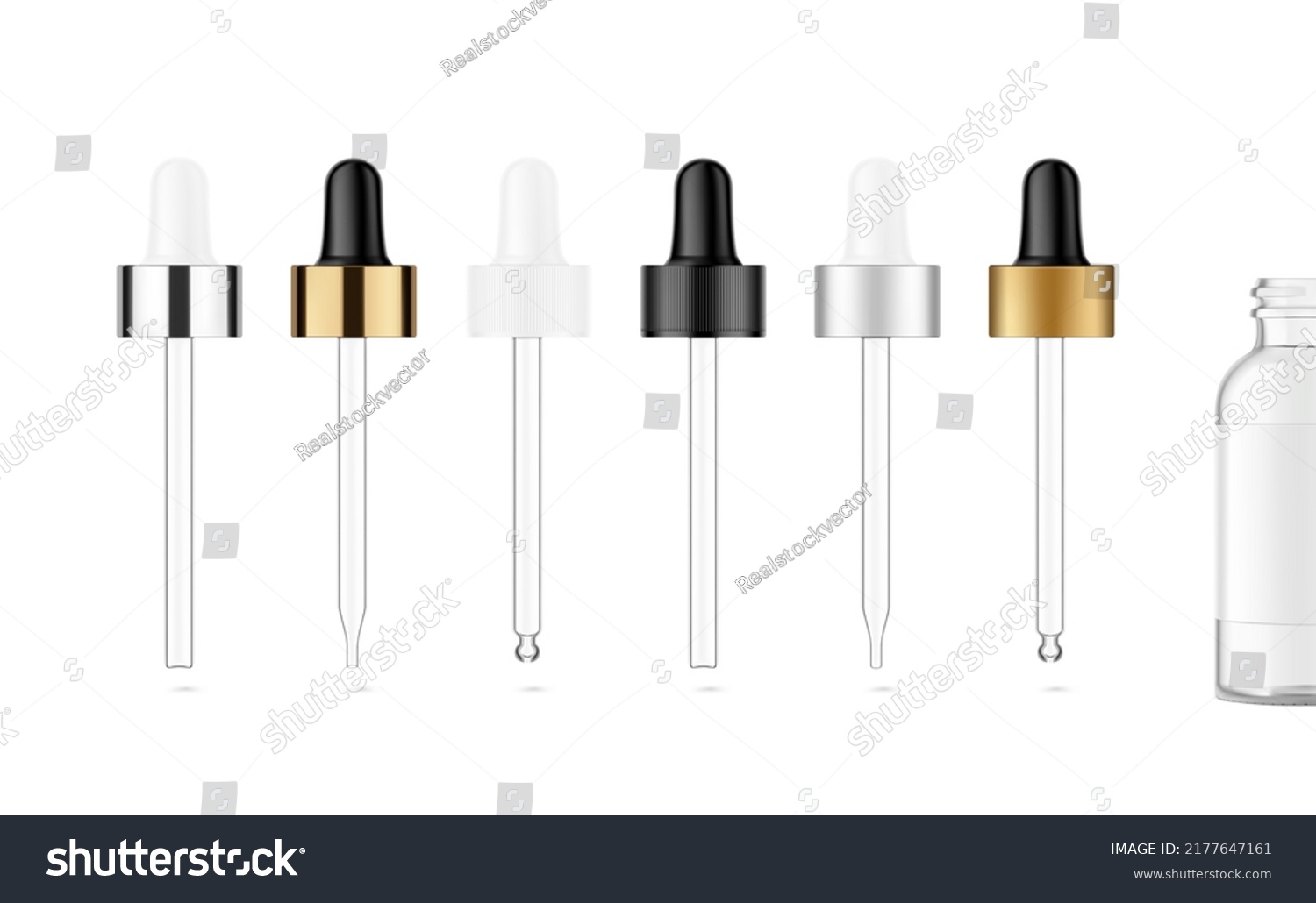 Pipette mockups for dropper bottle  isolated on white background. Vector illustration. Front view. Сan be used for cosmetic, medical and other needs. EPS10. #2177647161