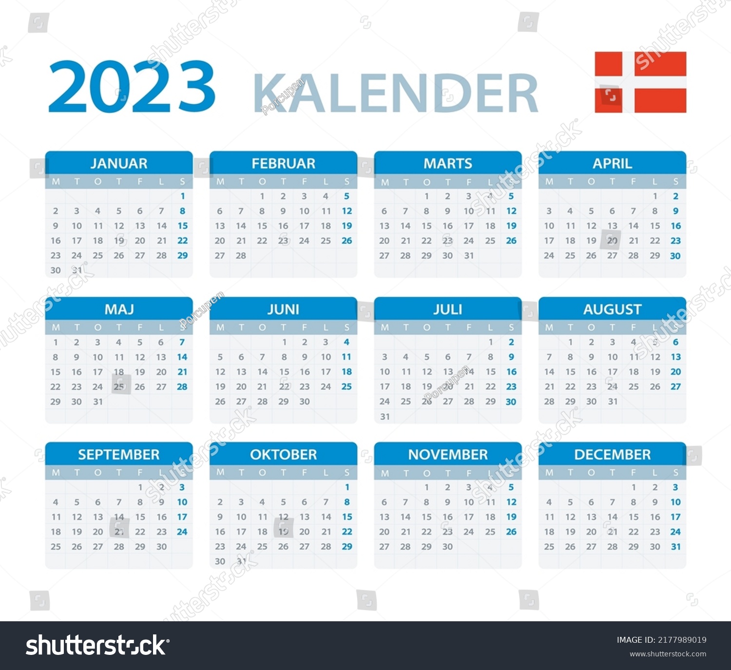 Vector template of color 2023 calendar - Denmark - Royalty Free Stock ...