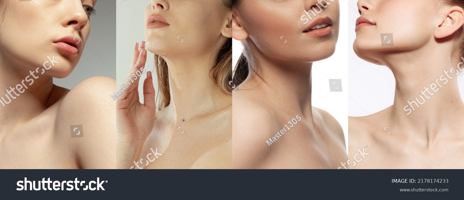 Neck, shoulders, chin. Set of cropped images of different girls with well-kept young skin without makeup isolated on light background. Beauty, skin care, facebuilding, eco, cosmetological products, ad #2178174233