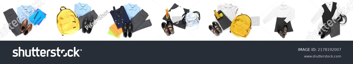 Collage of stylish school uniform on white background, top view #2178192007
