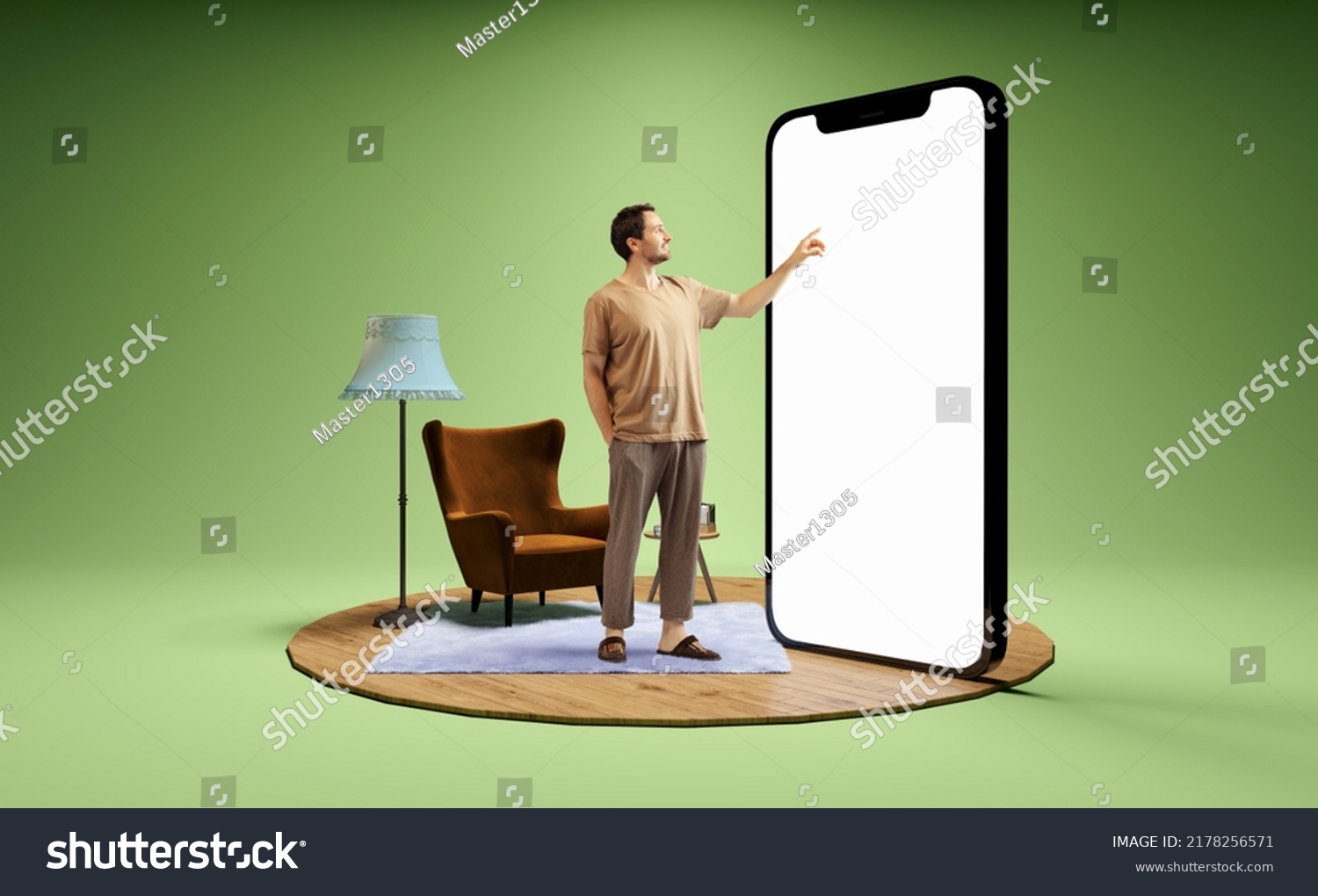 Pointing at device screen. Photo and 3d illustration of man standing next to huge 3d model of smartphone with empty white screen isolated on green background. Mockup for ad, text, design, logo #2178256571
