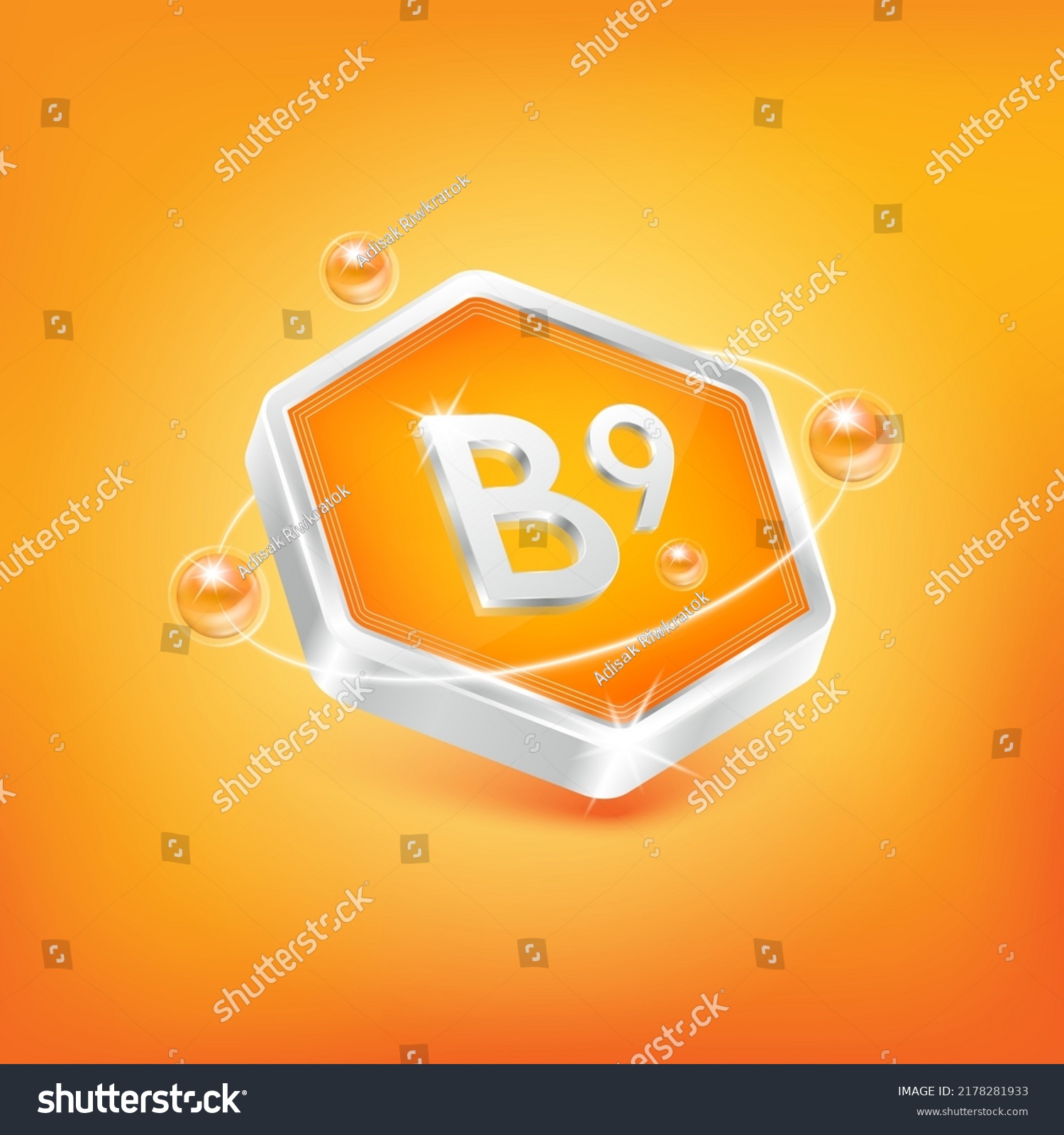 Vitamin B9 in hexagon shape and orange atom. Used for nutrition products food. Medical scientific concepts. Isolated 3D Vector EPS10 illustration. #2178281933