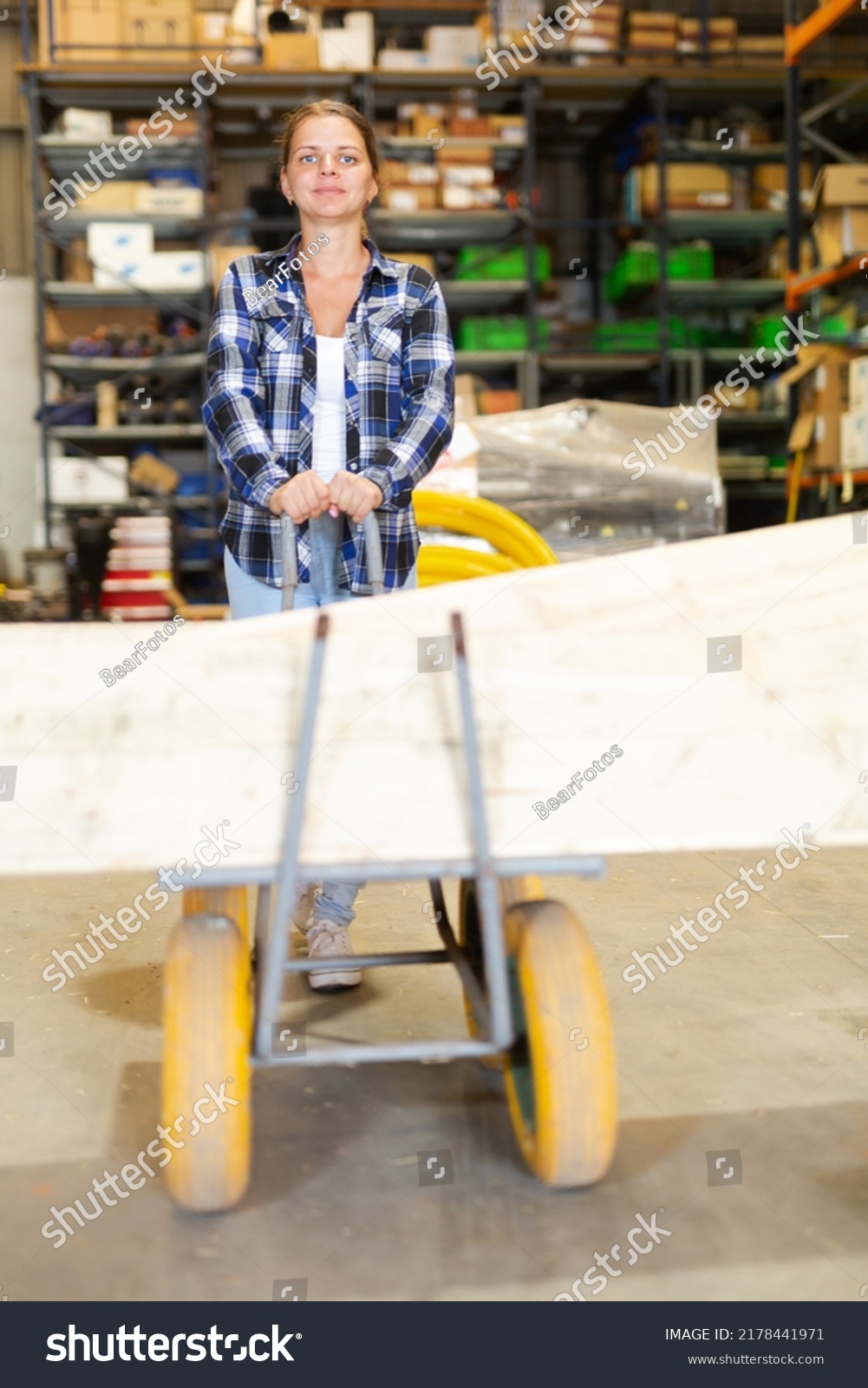 Young woman carrying trolley cart with building materials in hardware store #2178441971