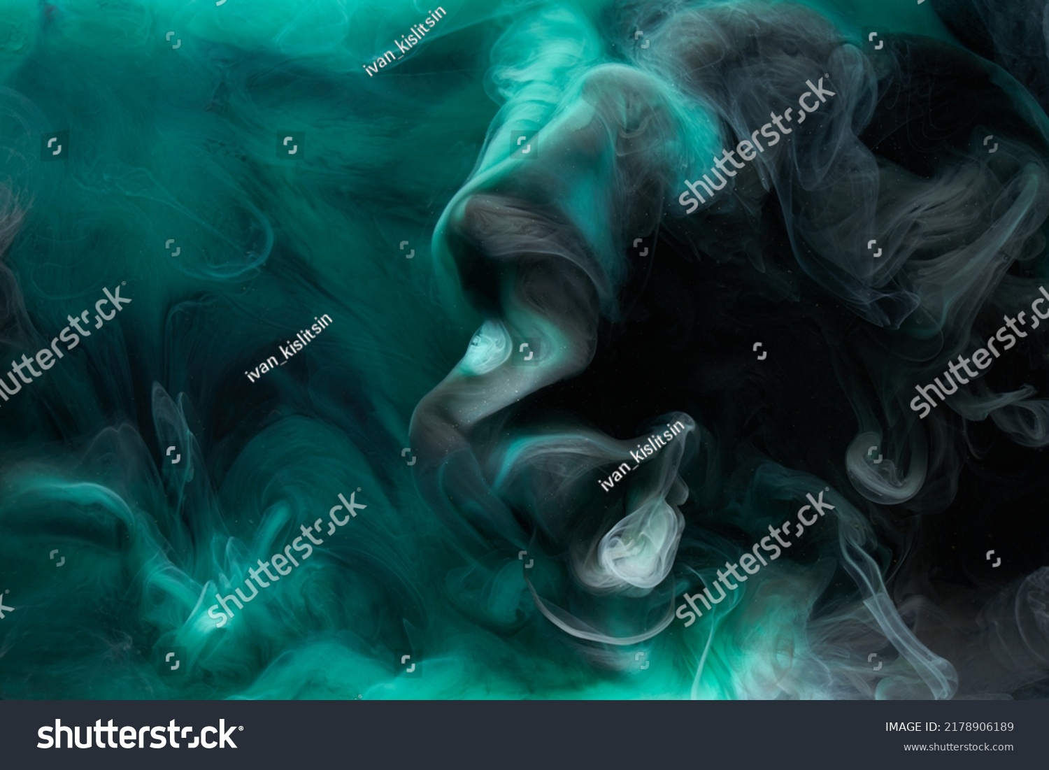 Liquid fluid art abstract background. Blue green acrylic paint underwater, galactic smoke ocean #2178906189