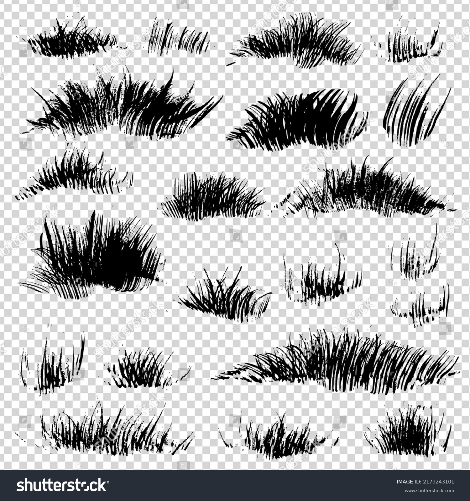 Black abstract different shapes grass or  fur thick brush textured strokes on imitation transparent background #2179243101