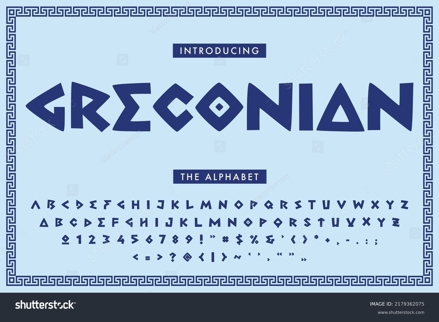 Greek restaurant font. English vector alphabet in antique style. Typeset for Greece Graphic Design #2179362075