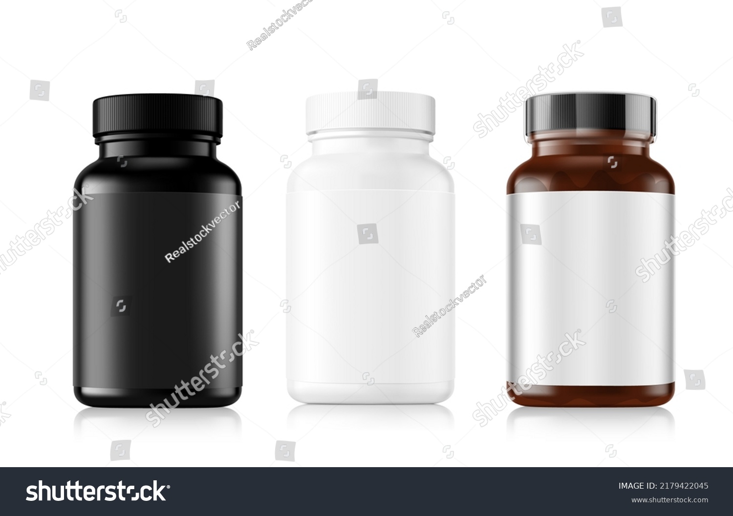 Black, white and amber bottles mockup isolated on white background. Can be used for medical, cosmetic, food. Vector illustration. EPS10.	 #2179422045