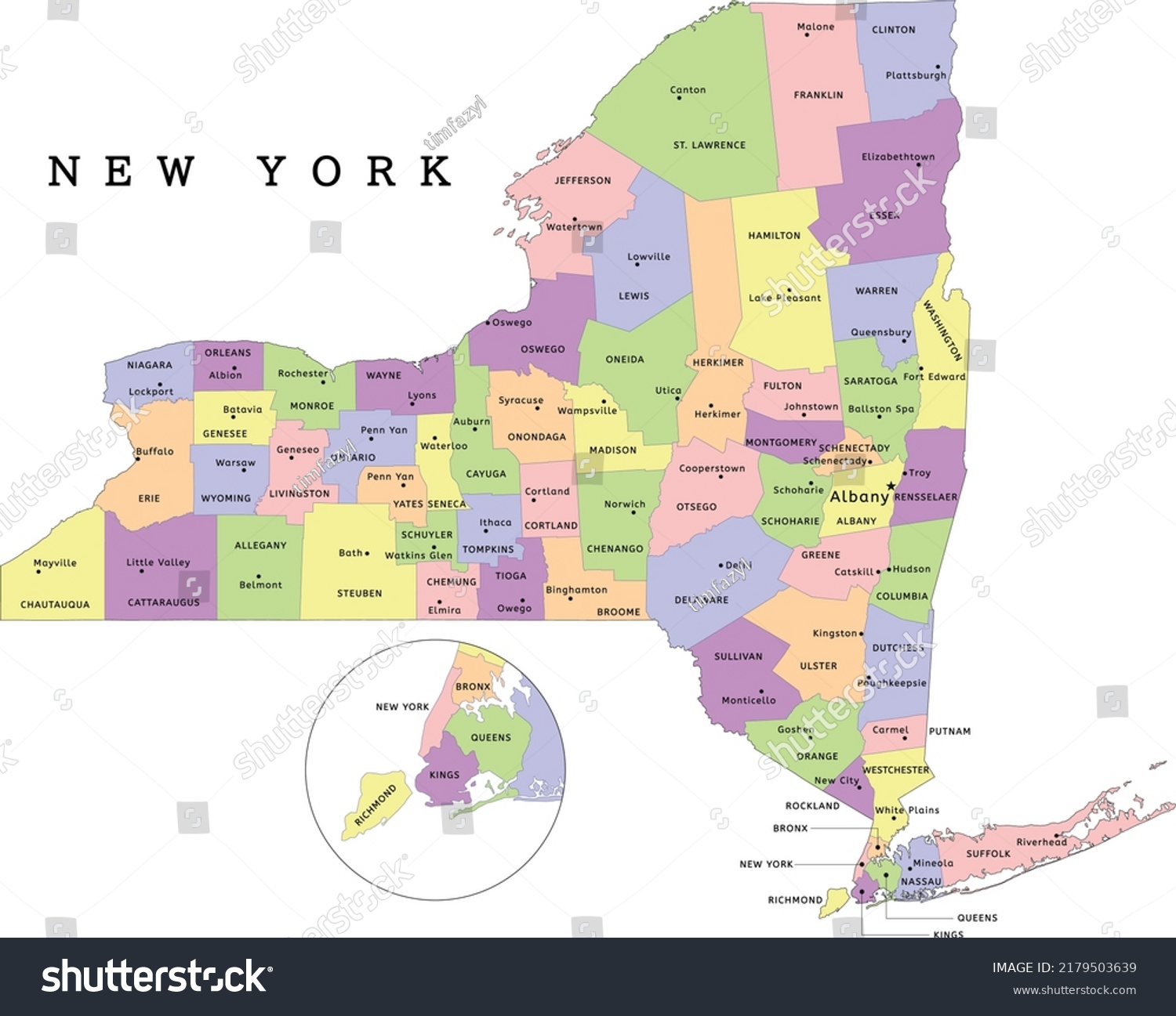 New York state administrative map with counties - Royalty Free Stock