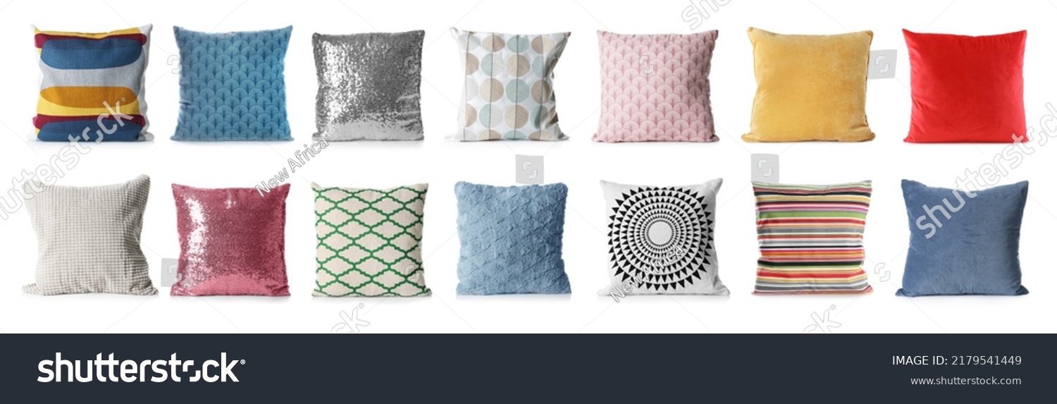 Set with different stylish decorative pillows on white background. Banner design #2179541449