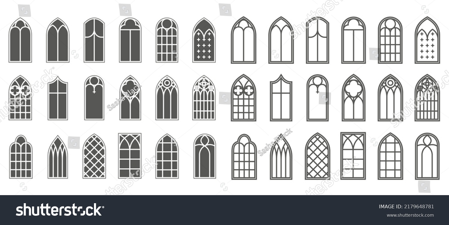 Church windows set. Silhouettes of gothic arches in line and glyph classic style. Old cathedral glass frames. Medieval interior elements. Vector #2179648781