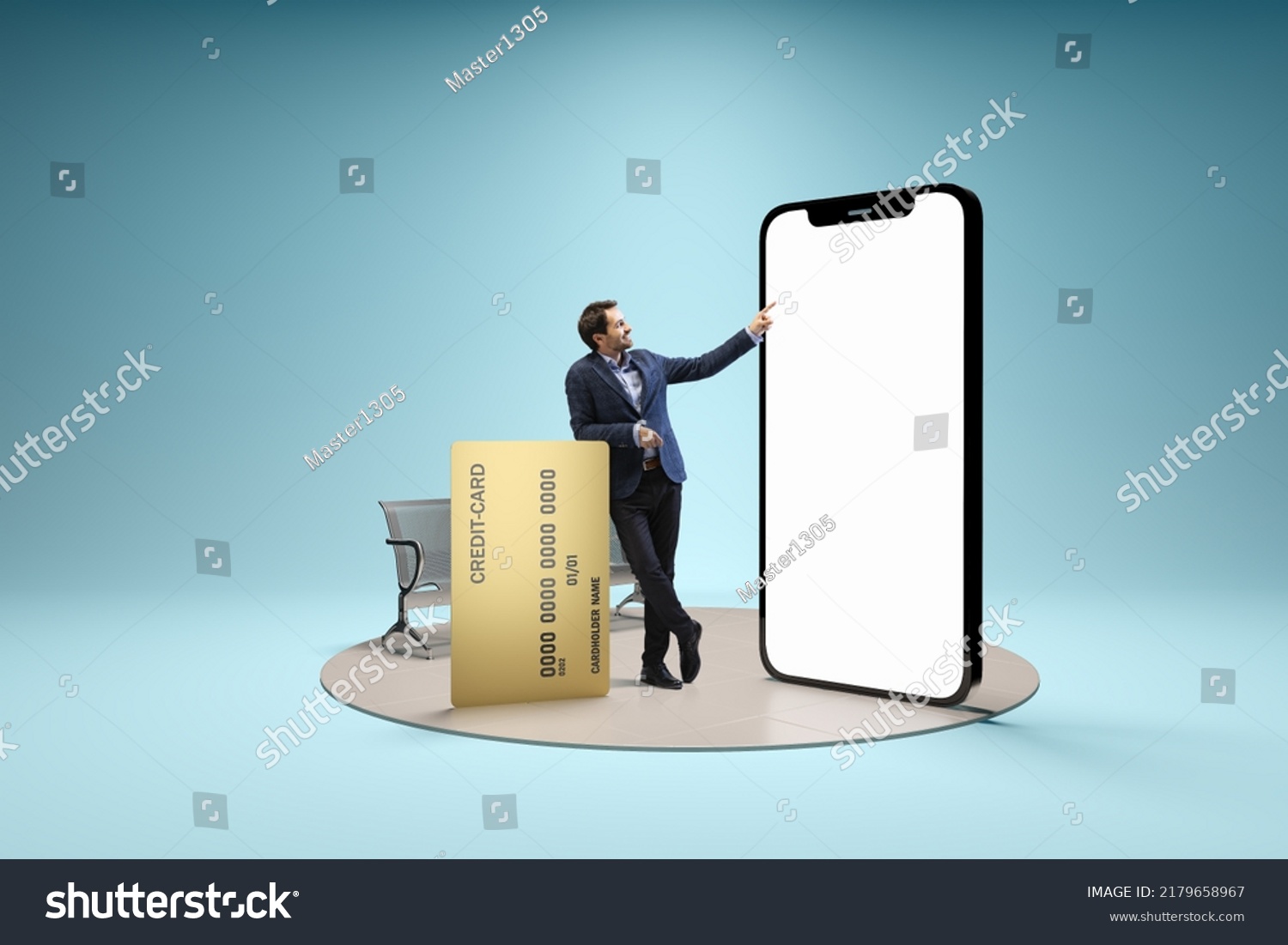 Financial app, online payment. Young man, businessman standing in front of 3d model of cellphone with blank white screen isolated on blue background. Online shopping, choice, ad, sales, #2179658967