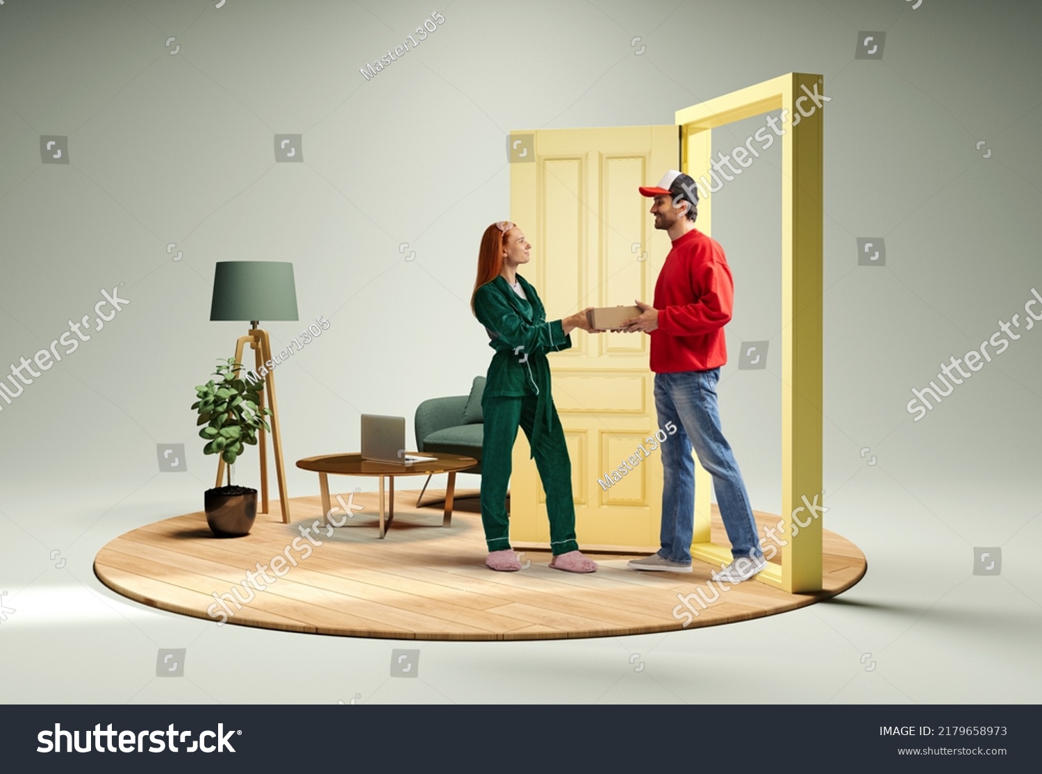 Creative collage with photo and 3d illustration of living room interior and young woman receiving box from delivery man, courier at the door. Online shopping and delivery service. #2179658973