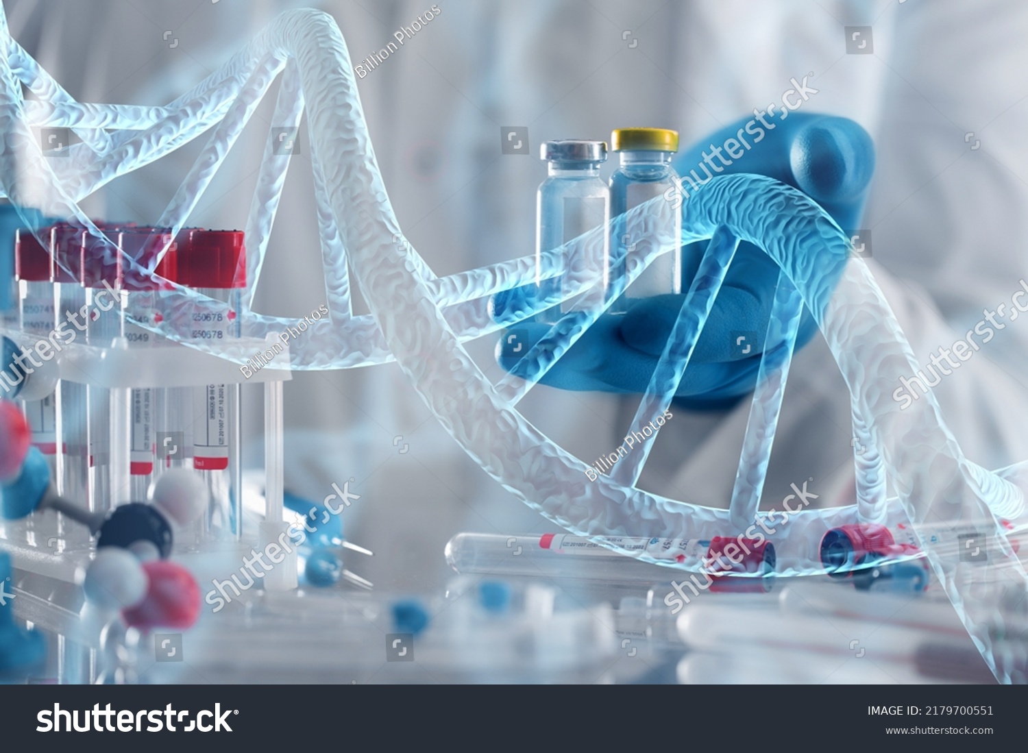 Scientist with tube and virtual screen with data scientific at genetic engineering lab. Biomedical engineer genetic working with tubes in biotechnical laboratory #2179700551