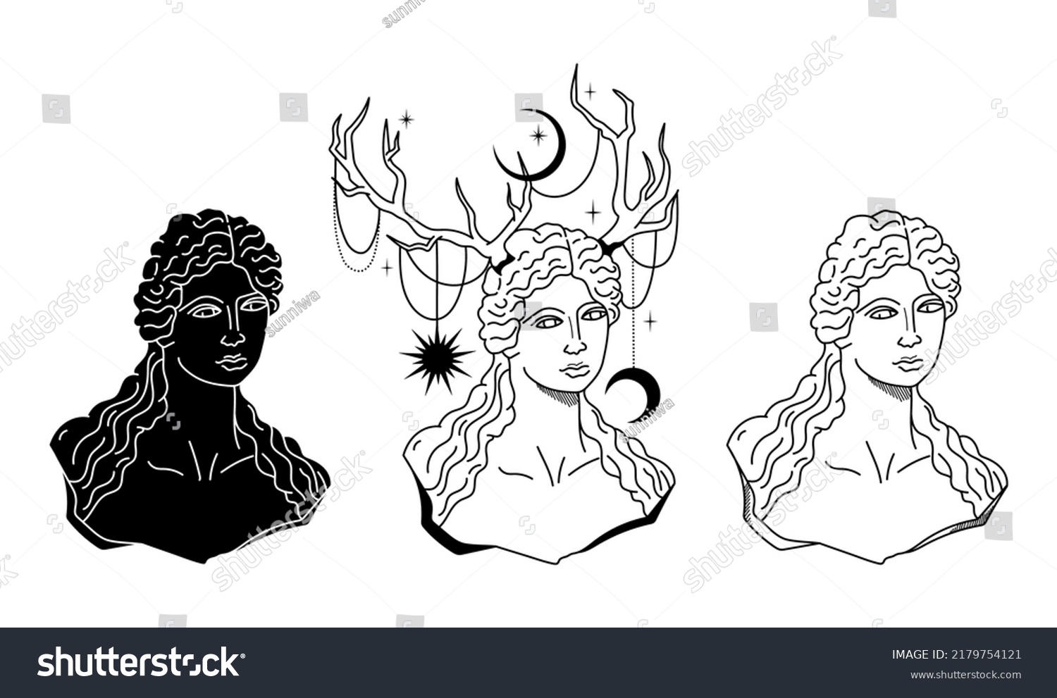 Mystical Goddess ancient greek statue with horns - Royalty Free Stock ...