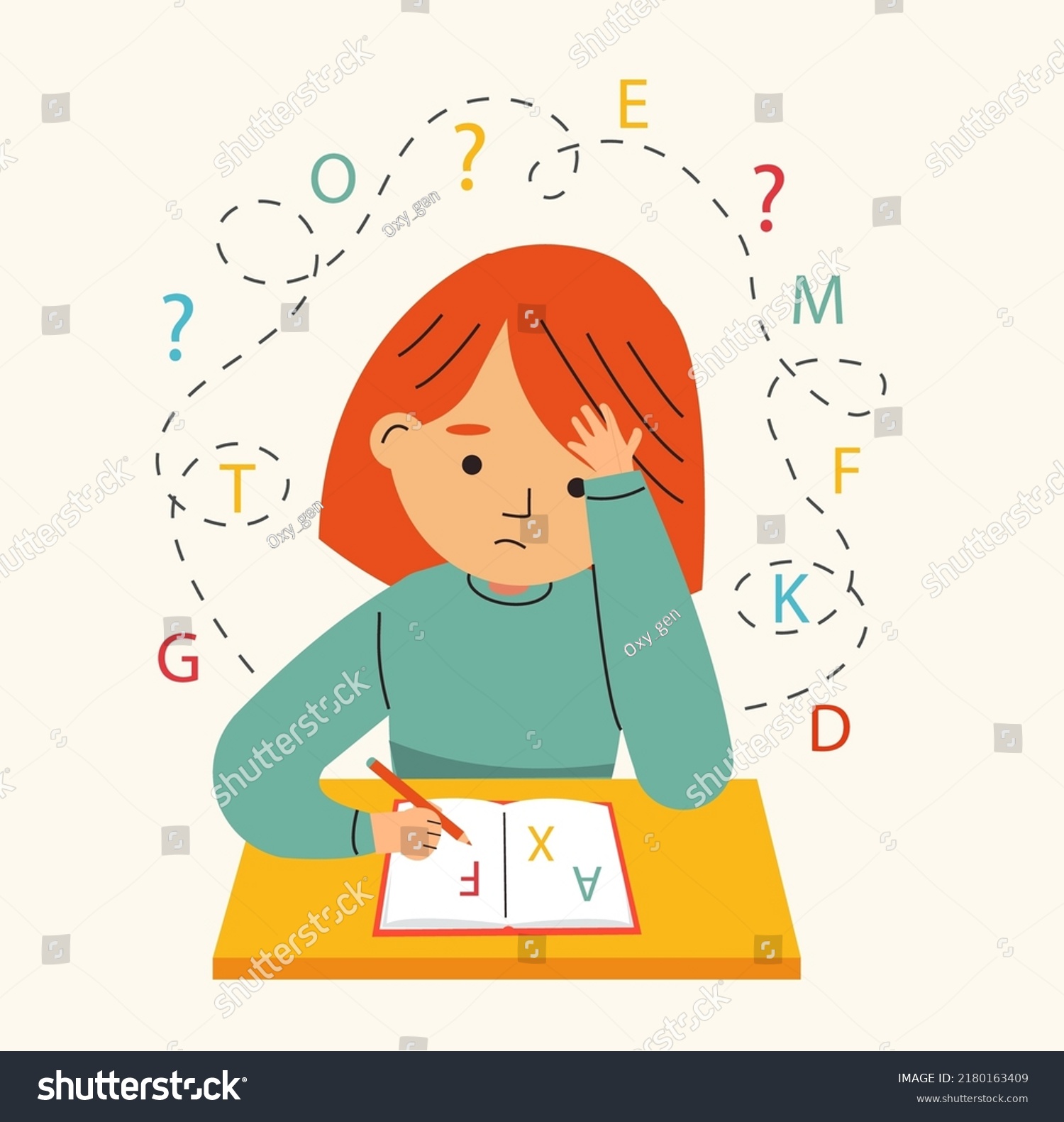 Dysgraphia, dyslexia and  learning difficulties concept. Vector illustration. Young girl  character has problems with reading, writing. #2180163409