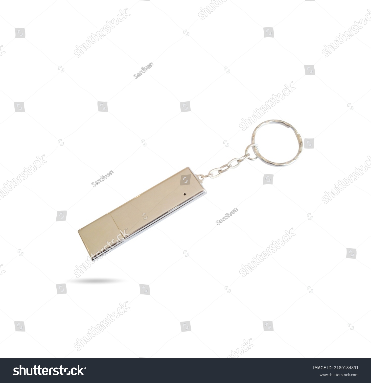 USB flash drive mockup isolated on branding background. Clean template blank gold metal surface. USB flash drive with keychain and key ring. #2180184891