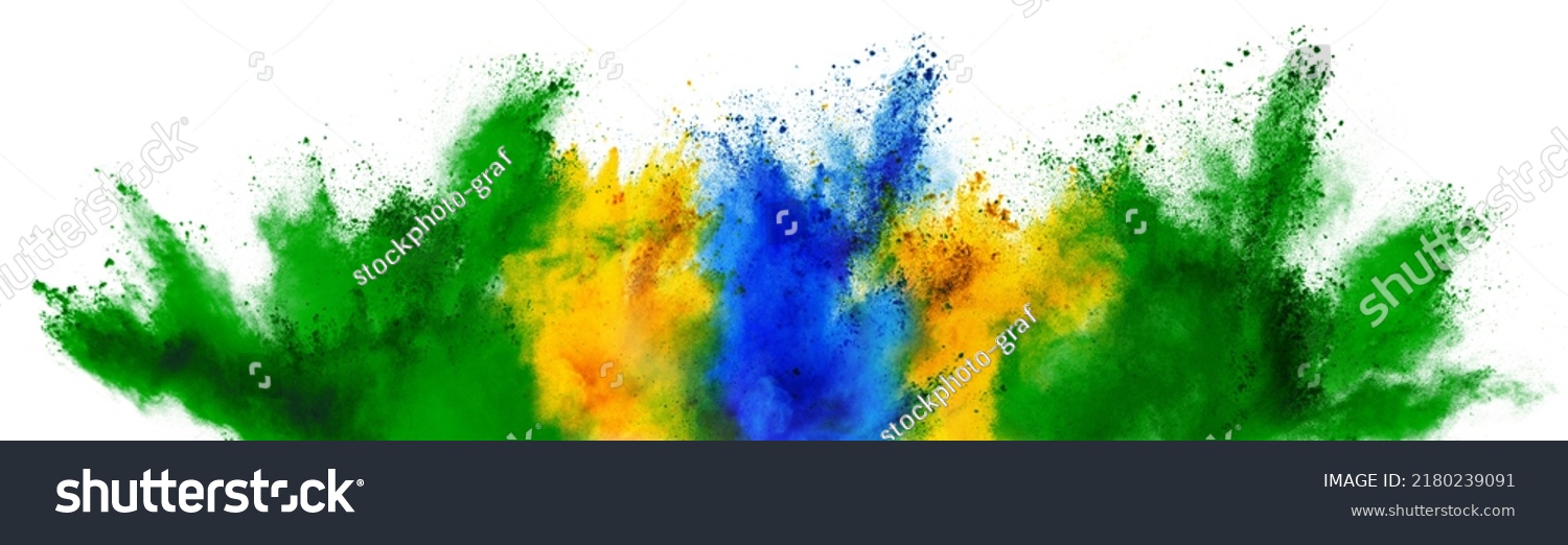 colorful brazilian flag green yellow blue color holi paint powder explosion on isolated white background. brazil rio de janeiro carnival qatar and celebration soccer fans travel tourism concept #2180239091