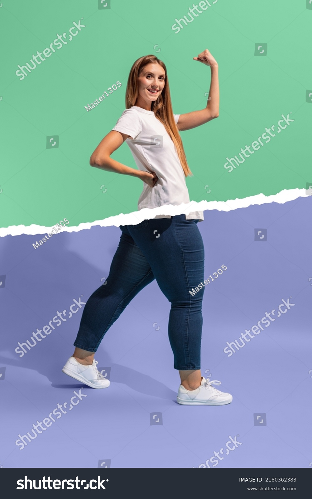 Comparison and contrast human shapes. Creative art collage with young slim girl and plus-size woman isolated on green-purple background. Weight loss, fitness, healthy eating, motivation concept. #2180362383