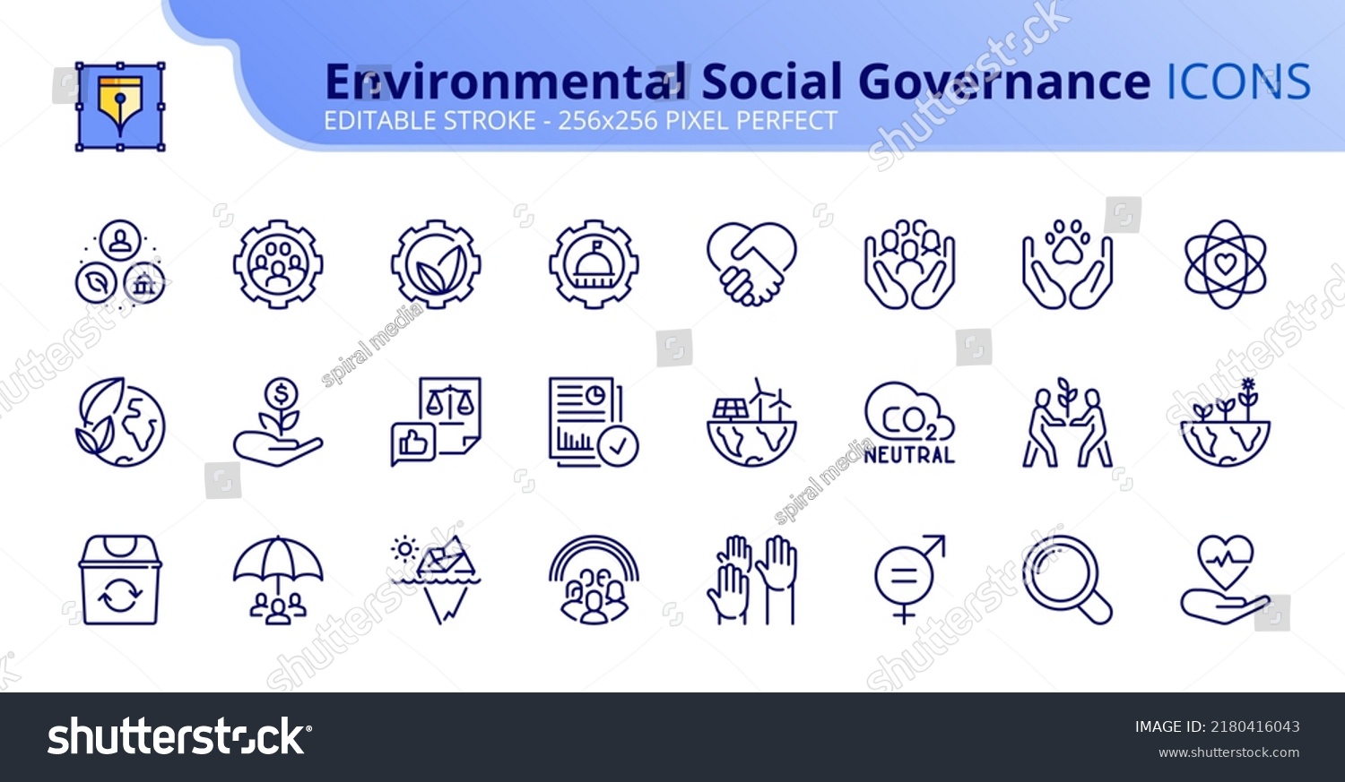 Line icons Environmental Social Governance. Contains such icons as climate crisis, sustainable development, diversity, human rights and responsible investment. Editable stroke Vector 256 pixel perfect #2180416043