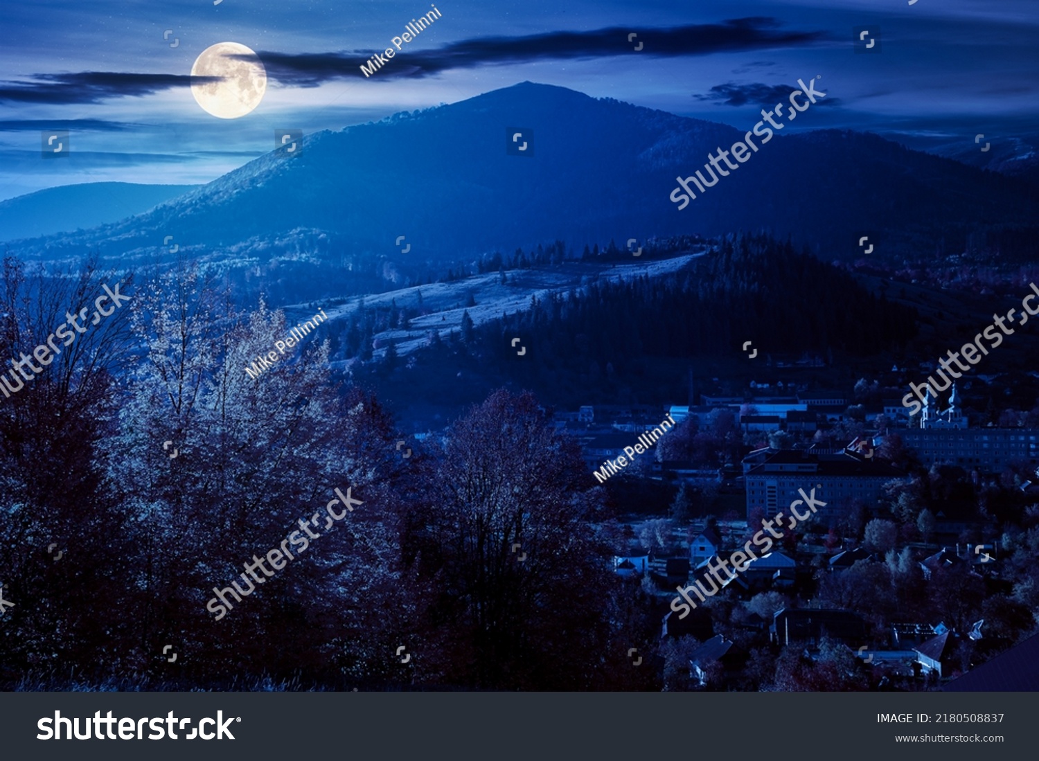 carpathian rural landscape in autumn at night. village in the valley at the foot of the mountain. beautiful countryside scenery in full moon light. trees in fall foliage on the grassy hills #2180508837