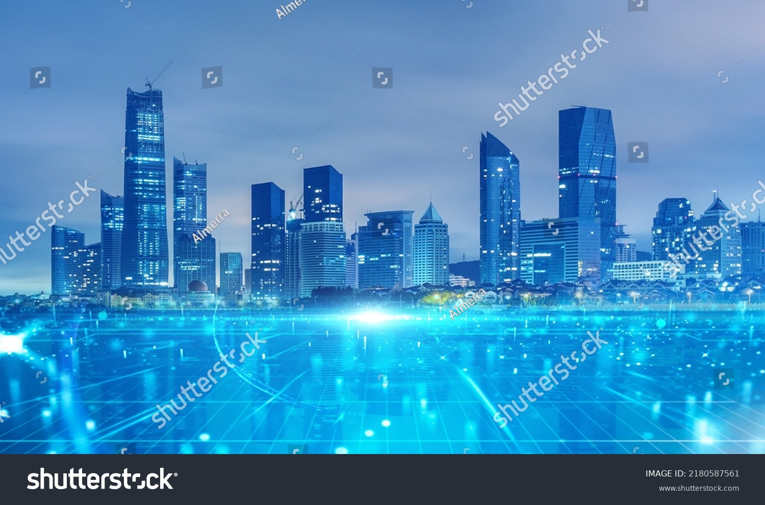 Panoramic urban architecture, cityscape with space and neon light effects. Modern hi-tech, science, futuristic technology concept. Abstract digital high-tech city design for banner background #2180587561