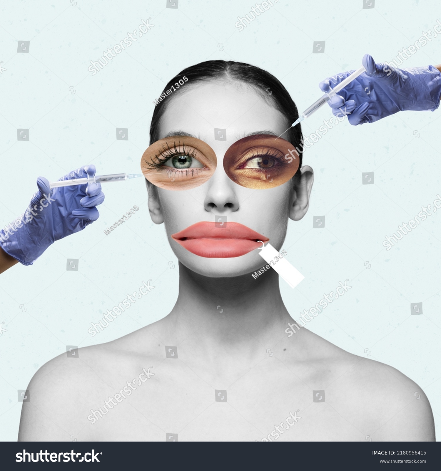 Contemporary art collage. Young woman doing face plastic surgery according to modern beauty standards. Blind trend following. Concept of beauty, plastic surgery, medicine, clinical cosmetology, ad #2180956415