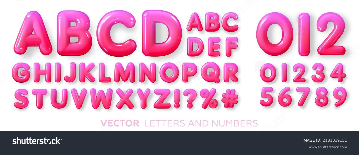 Bright, pink, gradient, glossy, plastic alphabet 3d. Realistic letters. Vector illustration #2181019151