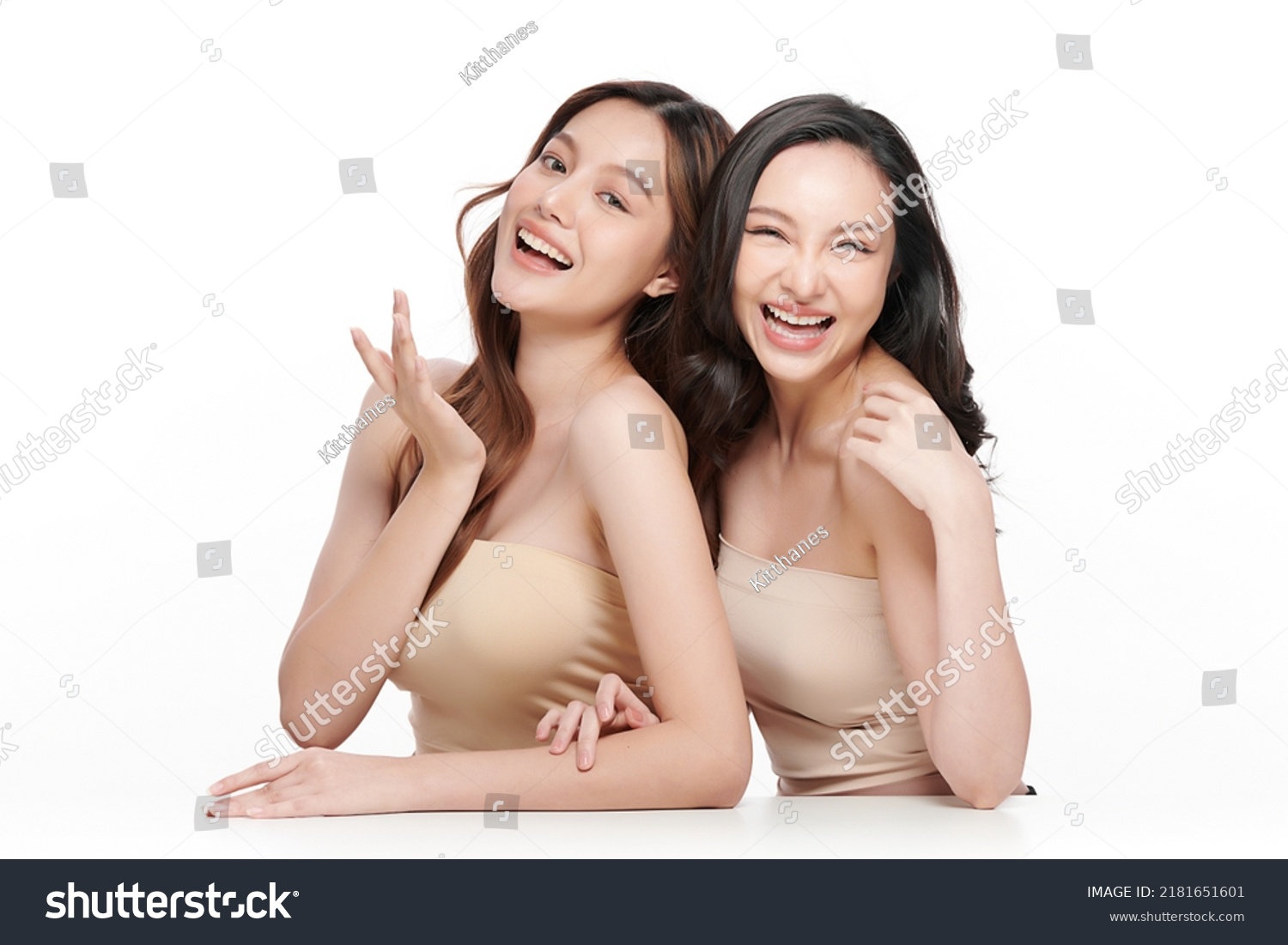 two Beautiful young asian woman with clean fresh skin on white background, Face care, Facial treatment, Cosmetology, beauty and spa, Asian women portrait. #2181651601