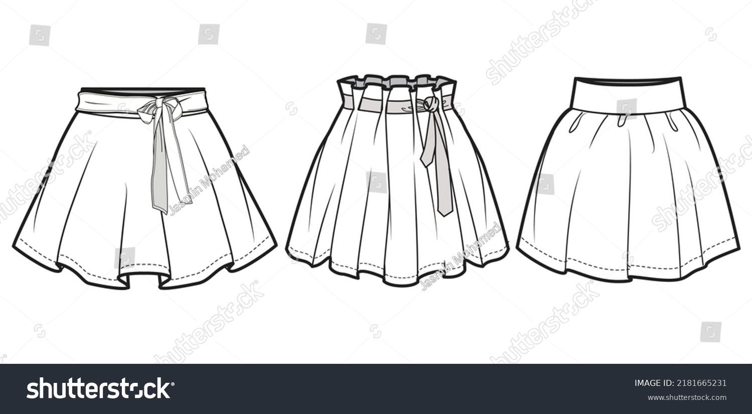 Skater Short Skirt, School Skirt, Paper Bag Waist Skater Skirt Fashion Illustration, Vector, CAD, Technical Drawing, Flat Drawing. #2181665231