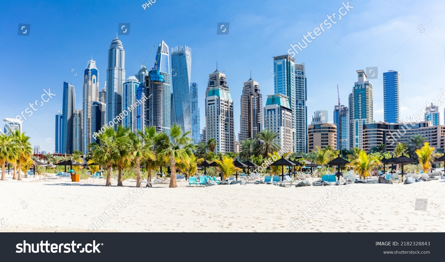 Dubai jumeirah beach with marina skyscrapers in UAE. Popular public JBR beach #2182328843