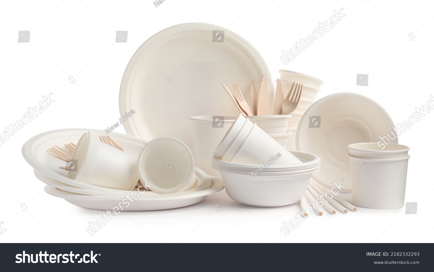 Set of disposable tableware on white background #2182332293