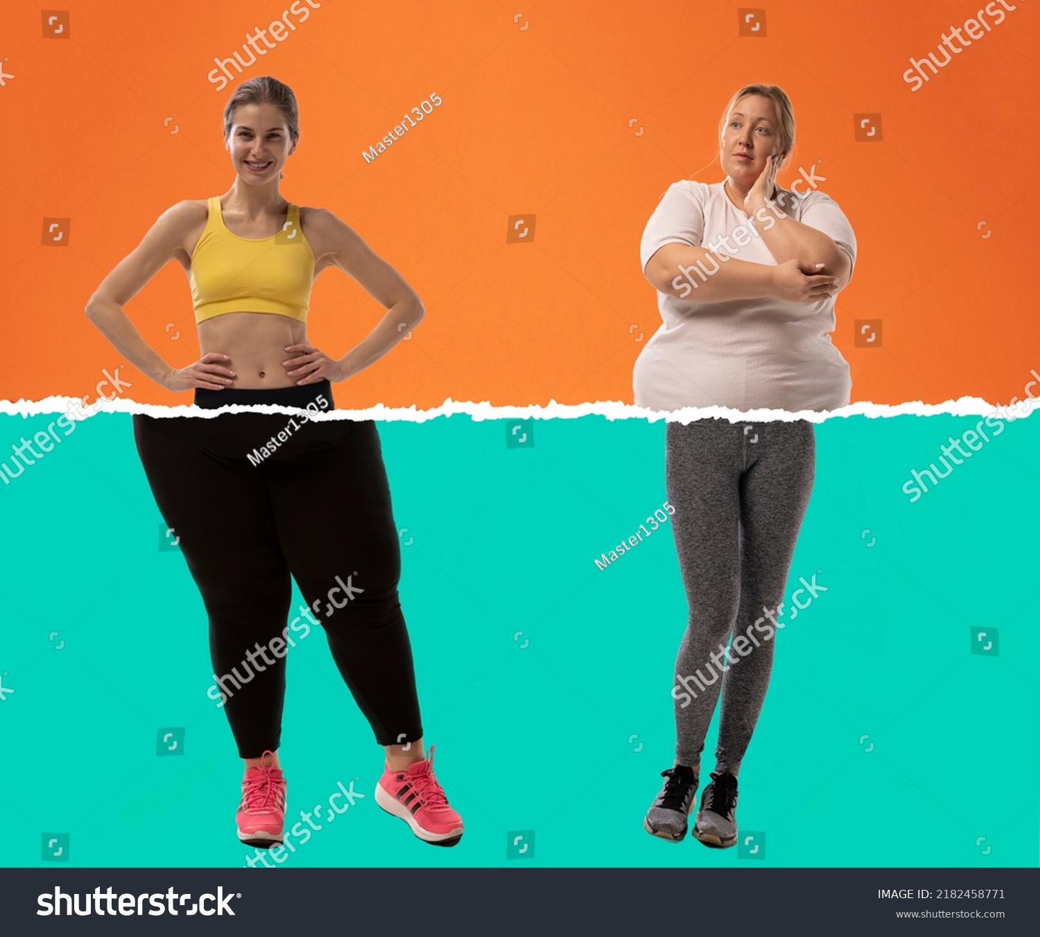 Comparison and contrast. Creative artcollage with young slim girl and plus-size woman wearing sport uniform isolated on green orange background. Concept of healthy lifestyle, fitness, sport, nutrition #2182458771