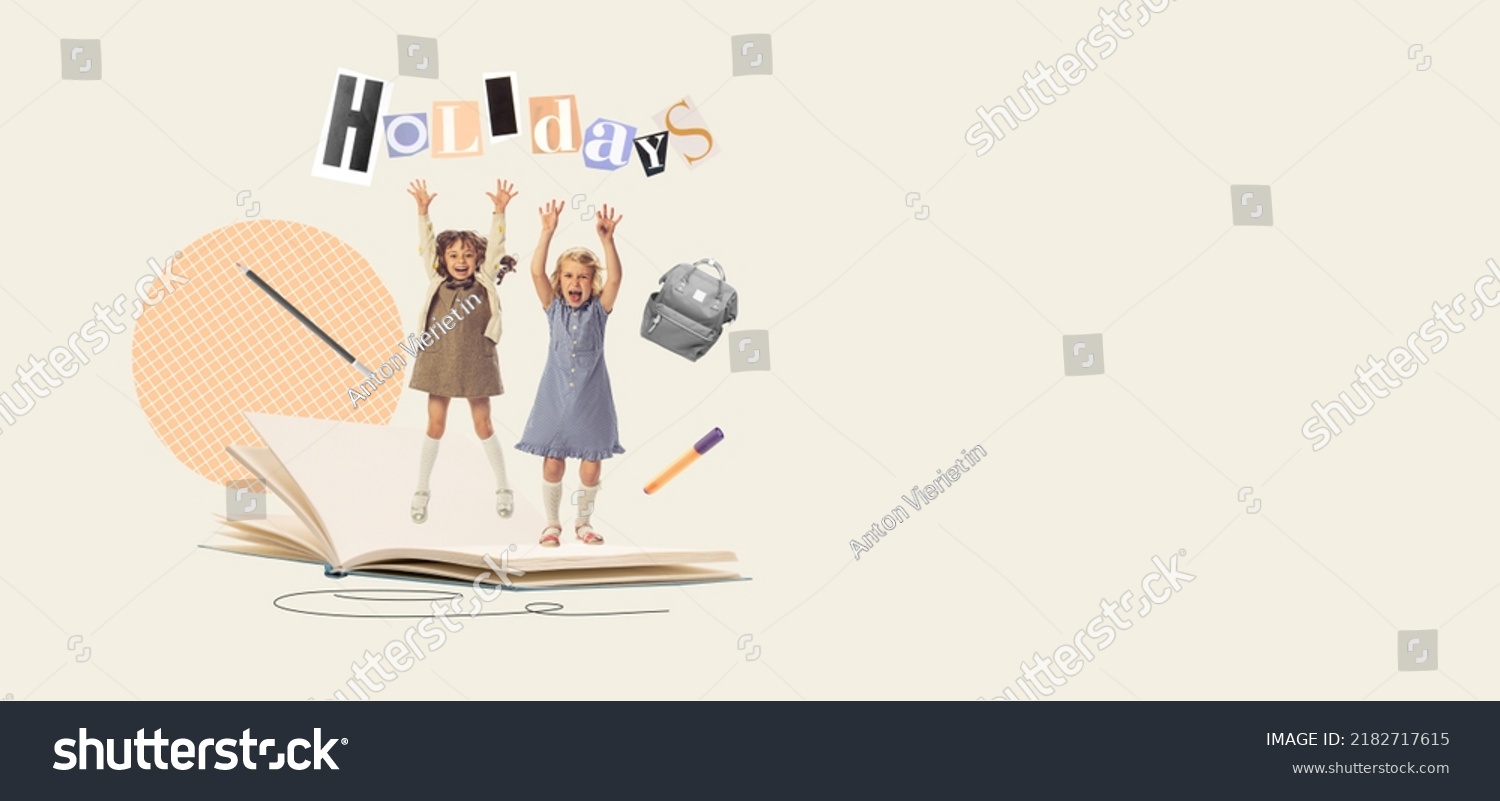 Contemporary art collage. Happy and excited little girls, children jumping on open book. Happy holidays. Concept of childhood, education, creativity, study, homework. Retro style. Poster, ad #2182717615