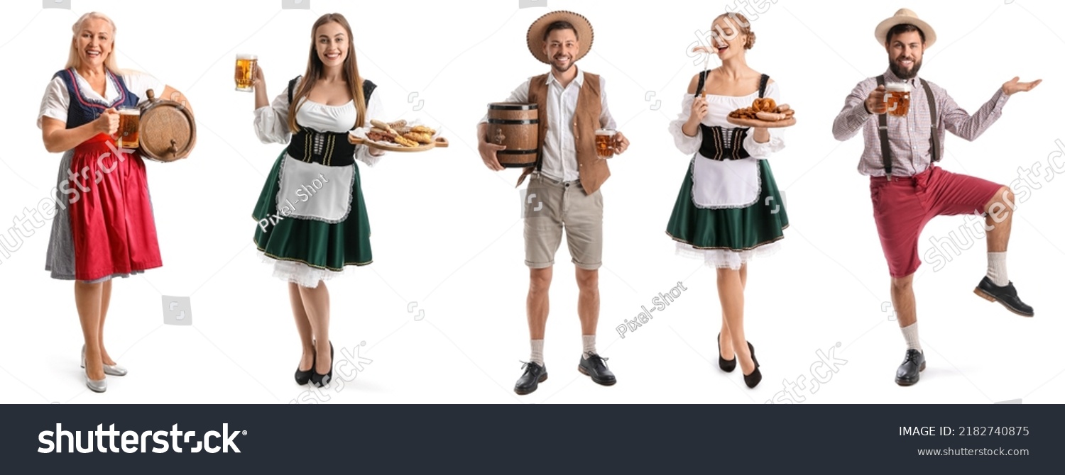 Set of people in traditional German costumes with beer and snacks on white background #2182740875