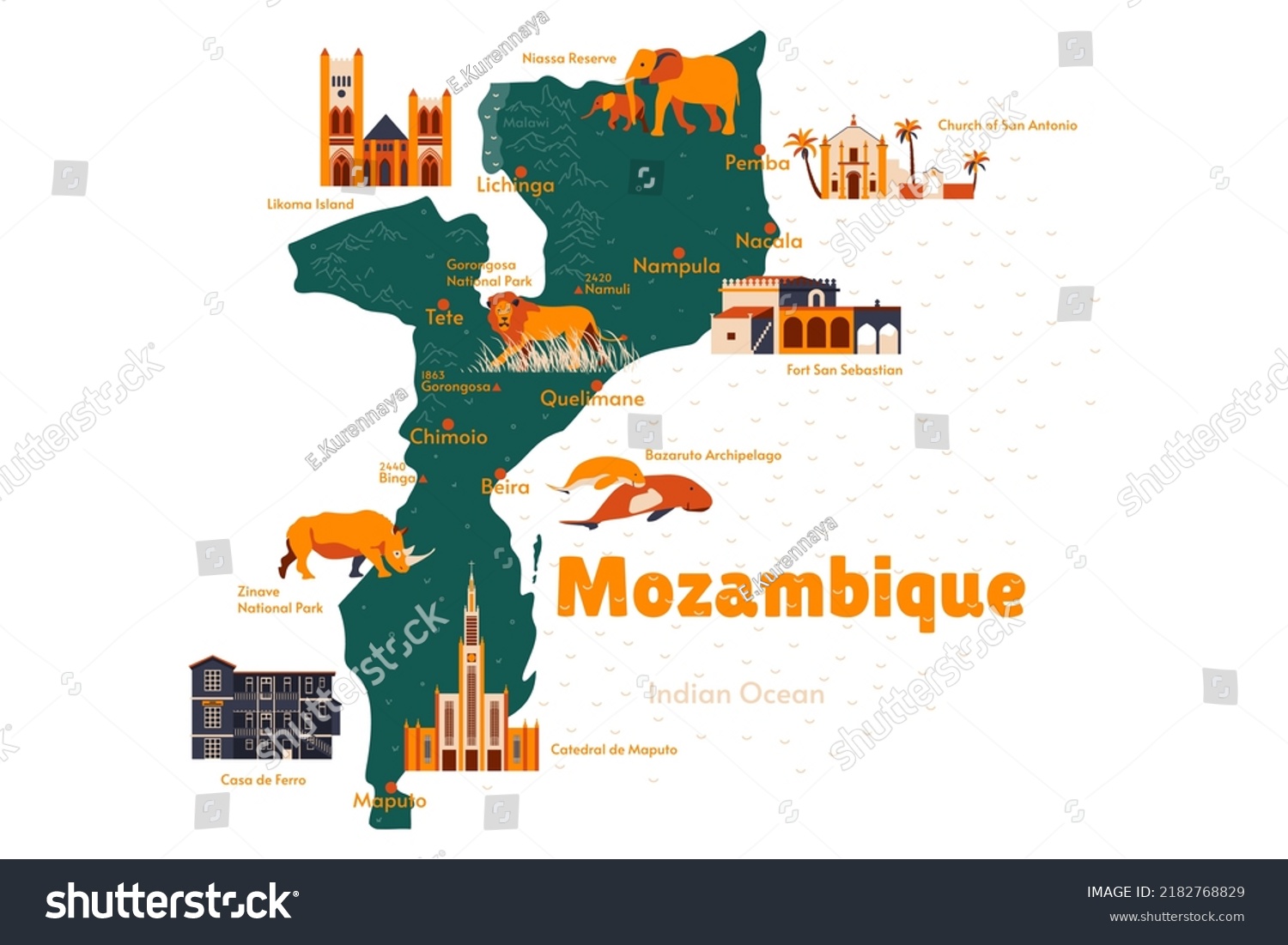 Vector map of Mozambique. Sights. Historical - Royalty Free Stock ...