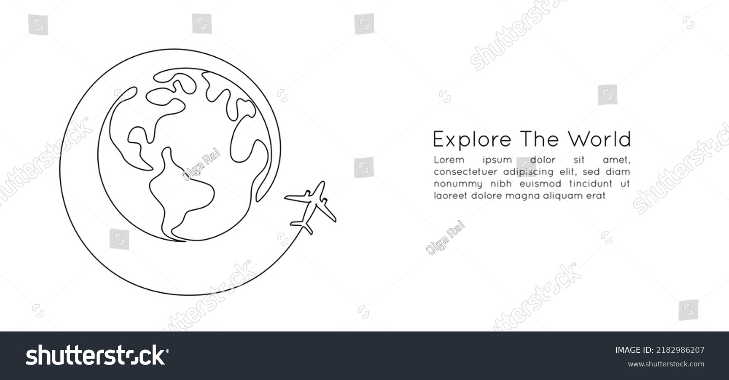 One continuous line drawing of Earth globe with airplane. Flight route path on world map in simple linear style. Travel and flight airline symbol concept. Editable stroke. Doodle vector illustration #2182986207