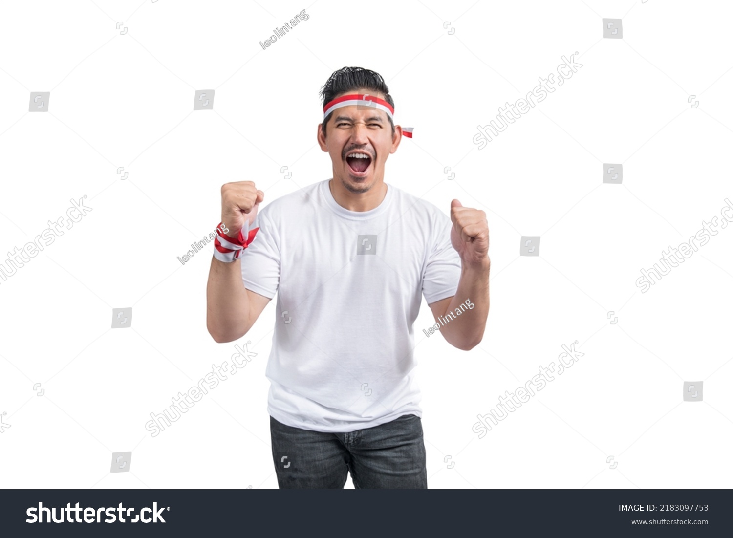 Indonesian men celebrate Indonesian independence day on 17 August isolated over white background #2183097753