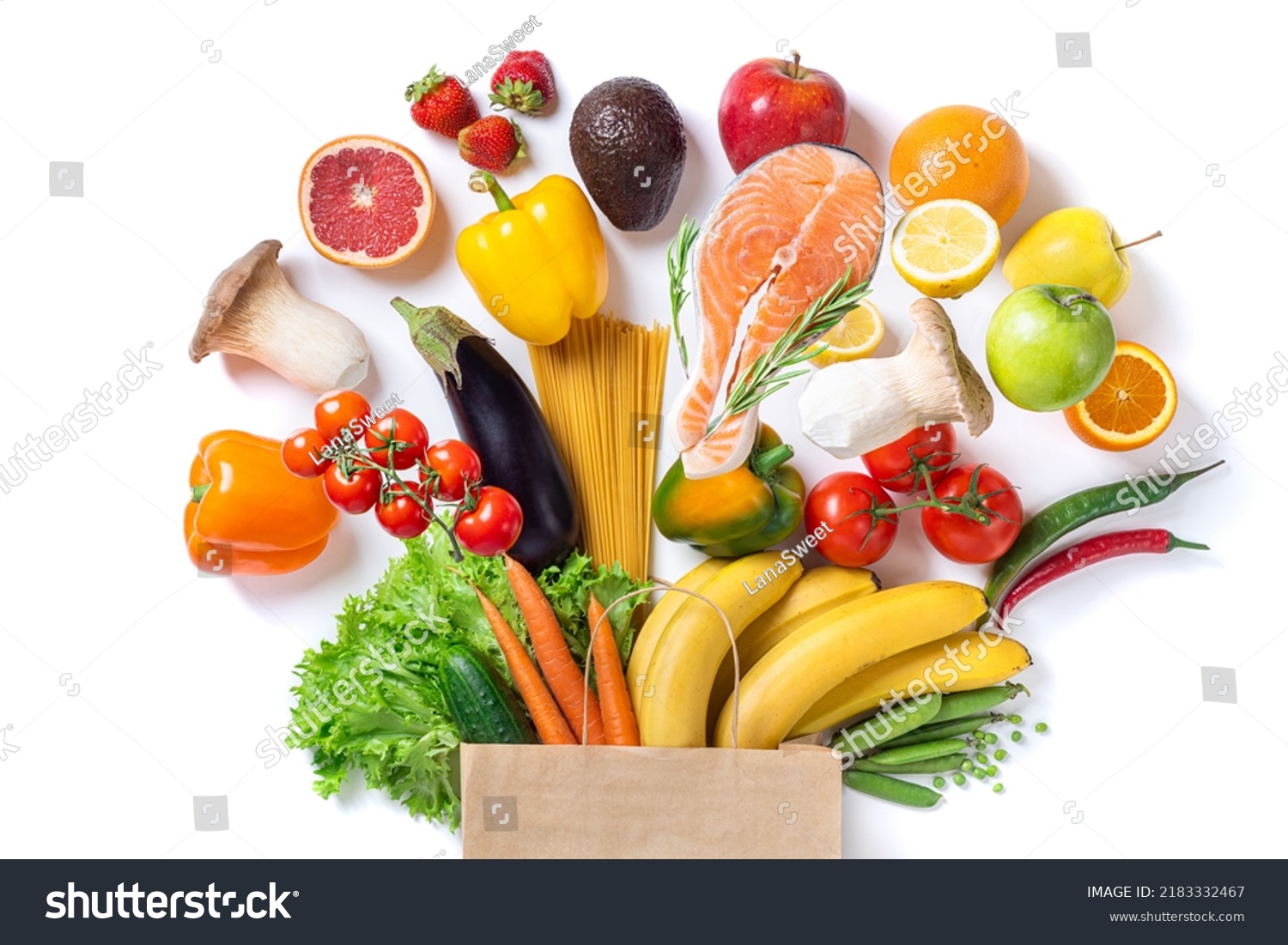 Healthy food background. Healthy food in paper bag fish, vegetables and fruits on white. Shopping food supermarket concept #2183332467