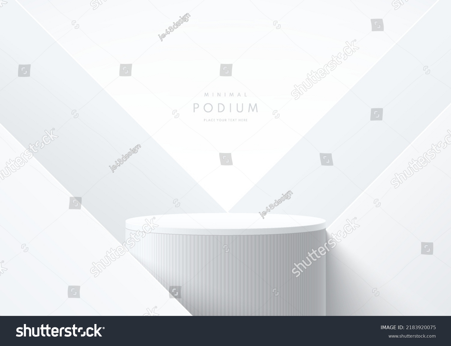 Realistic white, gray 3D cylinder stand podium with triangle overlap background. Vector luxury geometric forms. Abstract minimal scene for mockup products, Round stage for showcase, promotion display. #2183920075