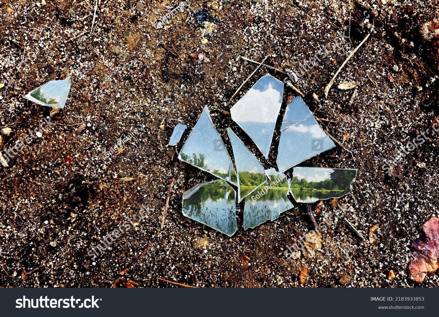 Broken glass with lake next to the forest background on the ground - photo with theme unfavorable weather in spring summer , unfulfilled dream , trip #2183933853