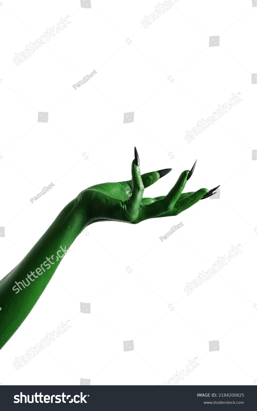 Halloween green color of witches, evil or zombie monster hand isolated on white background. #2184200825