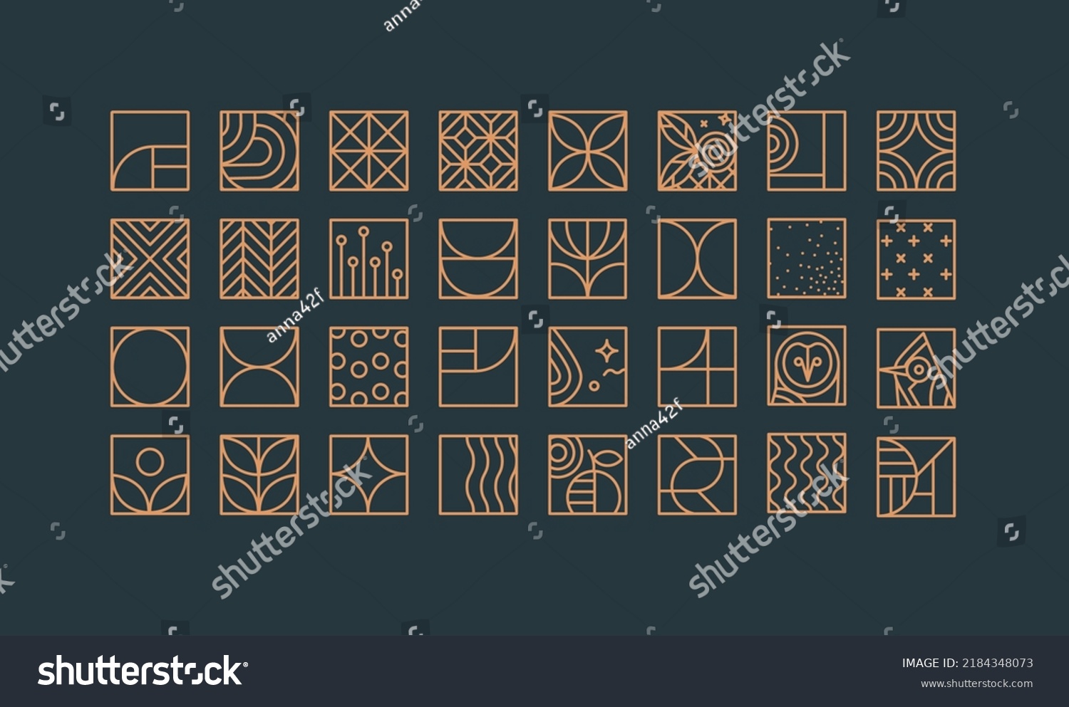 Set of creative modern art deco icons in flat line style drawing on blue background. #2184348073