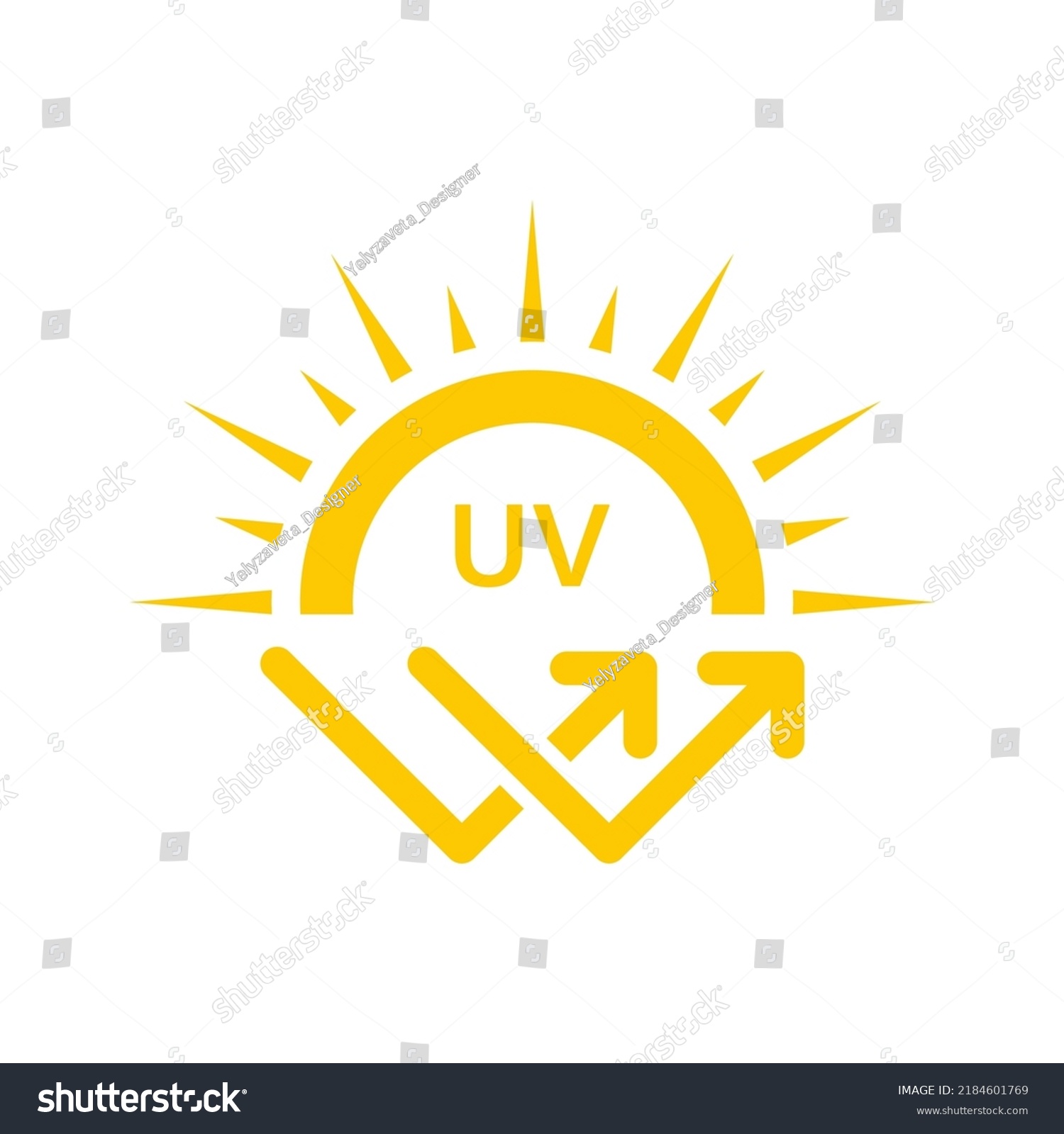 Ultraviolet Rays Silhouette Yellow Icon. Sunblock Protection Defense Skin Care Icon. SPF Sun Ray Resistant Sunblock. Sun UV Arrow Protect Radiation Glyph Pictogram. Isolated Vector Illustration. #2184601769